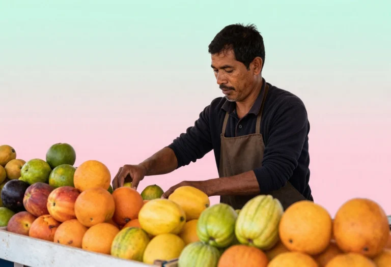 A Market Vendor Arranging Bright Fruit At A Stall, Soft Past...