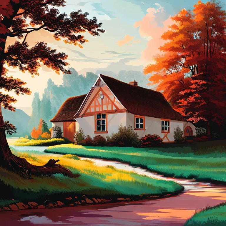 A Landscape Painting Of A English Cottage In The Countryside...