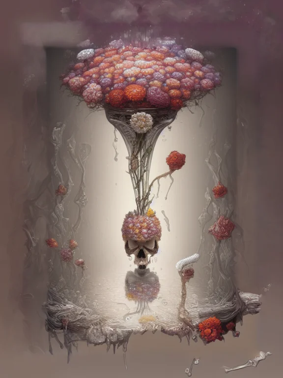 Full-length Oil Painting Of A Skull Vase Of Flowers On A Tab...
