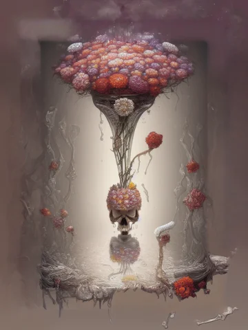 Full-length Oil Painting Of A Skull Vase Of Flowers On A Tab... — Stable Diffusion AI Prompt: full-length oil painting of a skull vase of flowers on a table with a white clot...