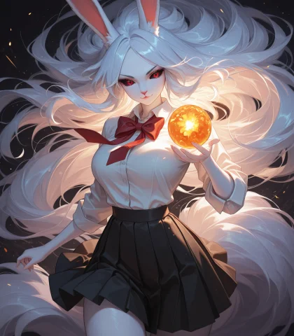 1girl, Solo, Opcarrot, Sulong Form, Very Long Hair, Rabbit E... — Stable Diffusion AI Prompt: 1girl, solo, opcarrot, sulong form, very long hair, rabbit ears, white hair, red...