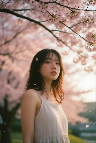 A Young Japanese Woman In A Light Linen Sundress Stands Bene... — Stable Diffusion AI Prompt: A young Japanese woman in a light linen sundress stands beneath a canopy of full...