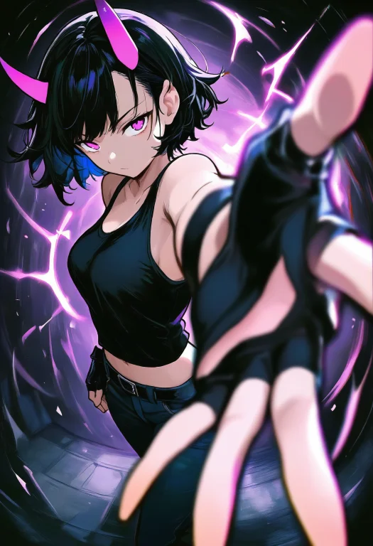 Posedaal, 1girl, Solo, Demongirl, Demonhorns, Shorthair, Bla...