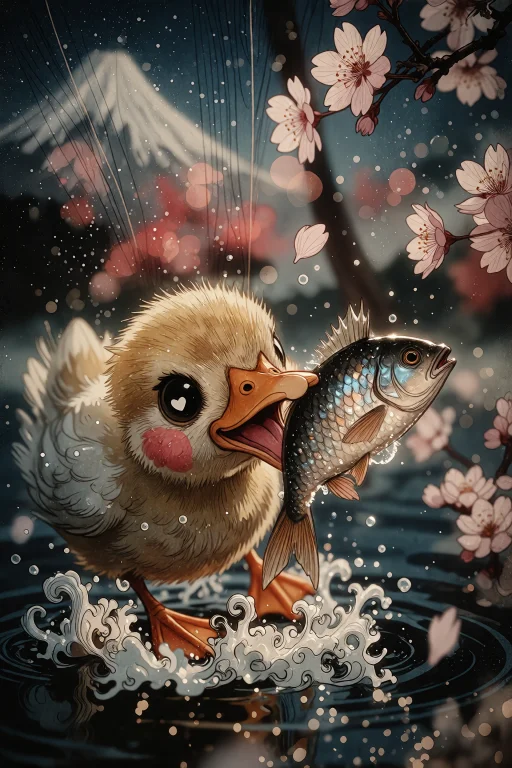 A Whimsical Close-up Illustration Of A Fluffy Yellow Ducklin...