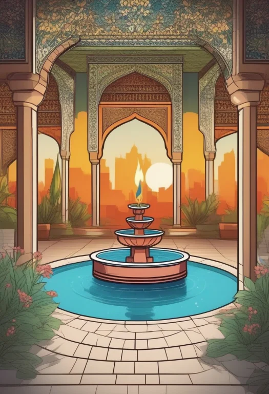 A Persian Garden Cooled By Tiled Fountains, Flat Color Illus...