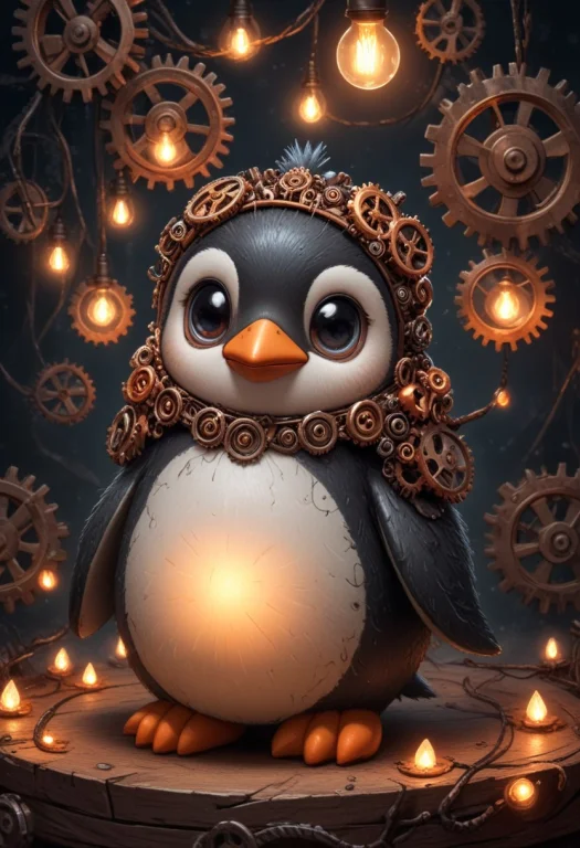 A Cute Toy Penguin, Gears, Lights,
