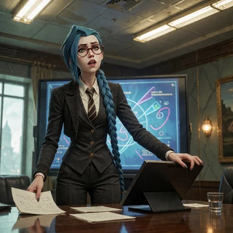 Character Jinx Outfit Elegant Suit Jacket Or Cardigan On Sho... — Stable Diffusion AI Prompt: Character: Jinx Outfit: Elegant suit (jacket or cardigan on shoulders) and trous...