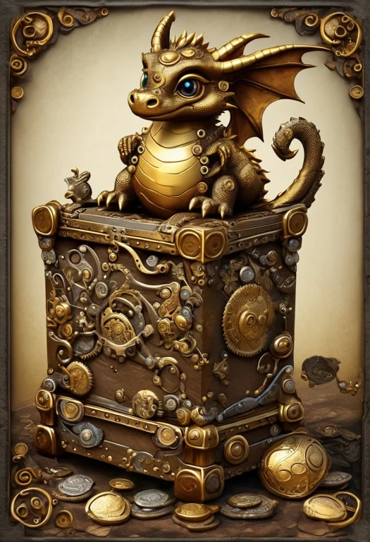 Cute Funny Gearstyle Steampunk Baby Dragon Sitting On Giant...