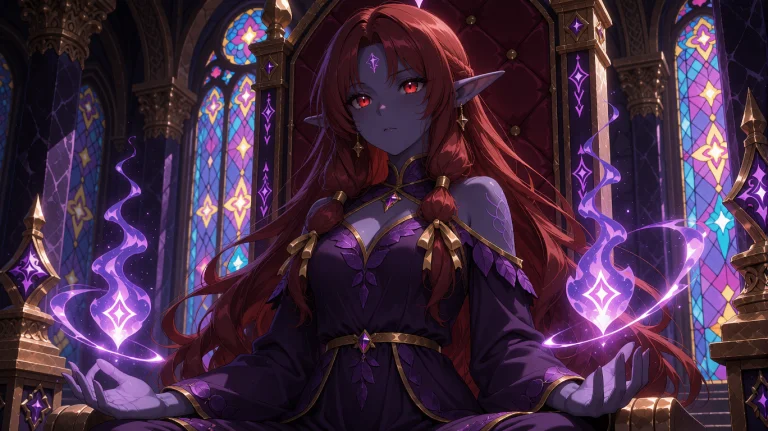 An Adult Dark Elf With Rich Auburn Hair With Gold Ribbon Tie...