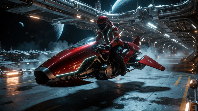 Cinematic Wide Film-still Shot Of A Sleek Crimson Hoverbike...