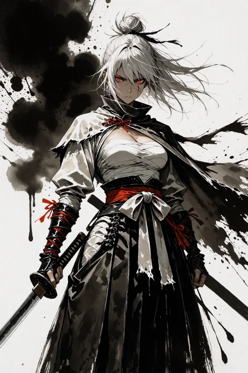 Sumi-e Ink Illustration Of A Fierce Female Warrior Standing...