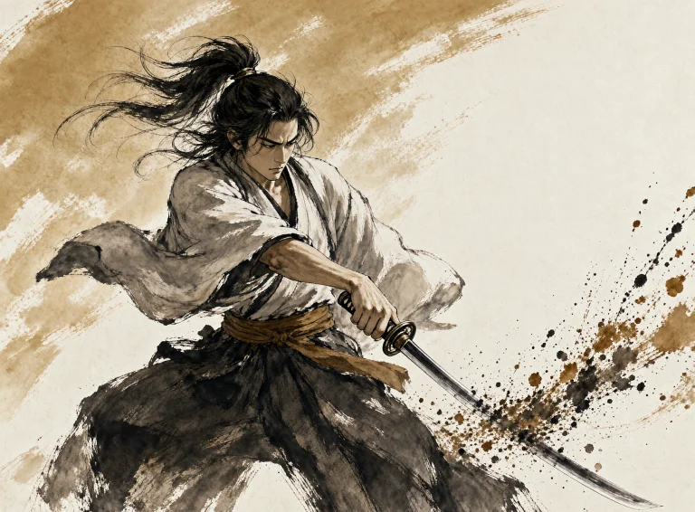 Rewrittenprompt The Image Is A Wide Japanese Sumi-e Ink Wash...