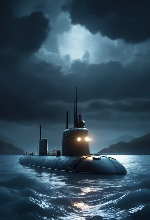A Submarine Surfacing In A Moonlit Bay, Clay Render, During...