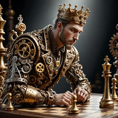Steampunk Mechanical Render, Gearstyle Chess King, Made Of G... — Stable Diffusion AI Prompt: steampunk mechanical render, gearstyle chess king, made of gears, brass clockwor...