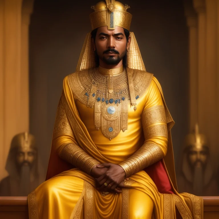 Egyptian King Wearing Golden Robes Sitting In A Palace, Prot...