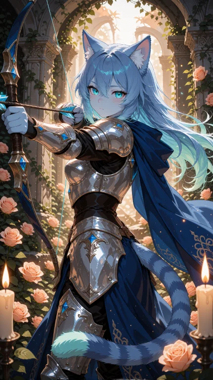 An Adult Beastfolk Cat Woman With Ocean-blue Hair That Fades...