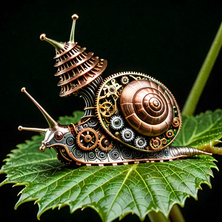 A Tiny Garden Snail Crawling Slowly On A Green Leaf, But Its...