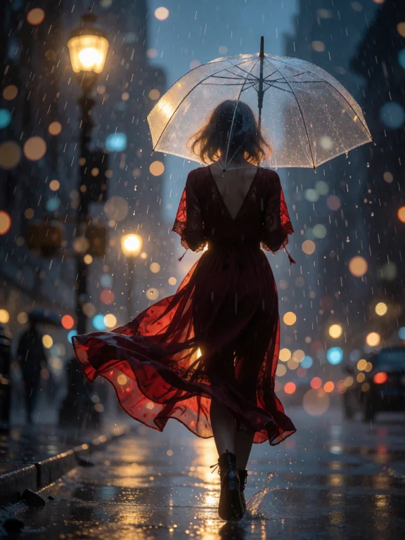 A Woman In A Flowing Crimson Dress Walks Away From The Camer...