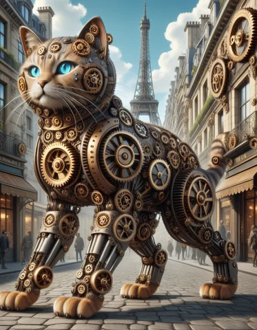 A Giant Cat Walking Through Paris Made Outof Steampunk Gears... — SDXL AI Prompt: A giant cat walking through Paris made outof steampunk gears, gearstyle, lazypos...