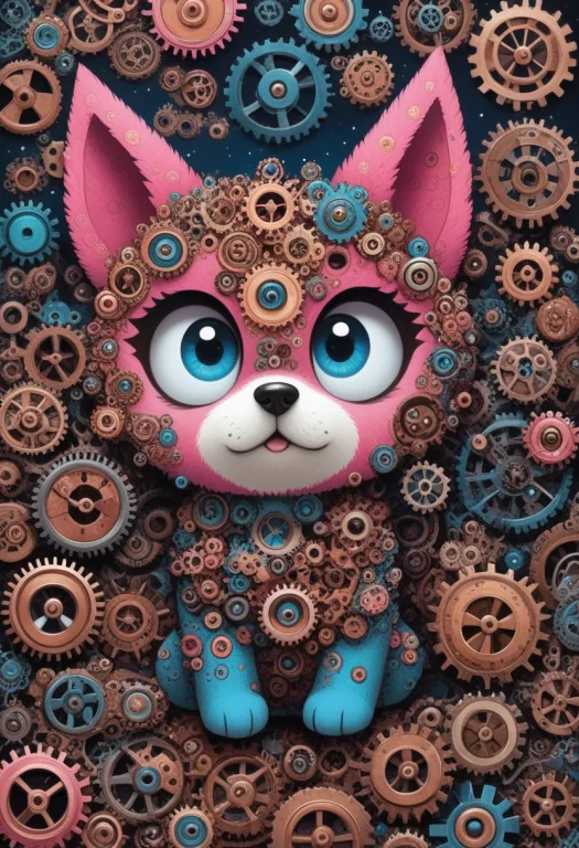 All Made Of Gears, Cute Pink And Blue Dog, Gears World, Big...