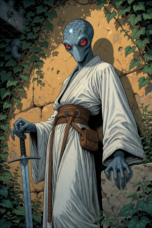 Gr4venbloom, A Stoic, Slender Alien Humanoid With Smooth Gre...