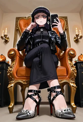 Sfw, Safe For Work3.3, Goth Girl, Annoyed, Bored, Dark Dorm... — Stable Diffusion AI Prompt: sfw, safe for work:3.3, goth girl, annoyed, bored, dark dorm room, candles, skul...