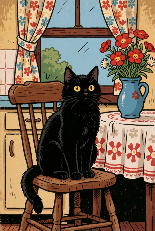 Folk Comic Illustration, A Black Cat Sitting Proudly On A Wo...