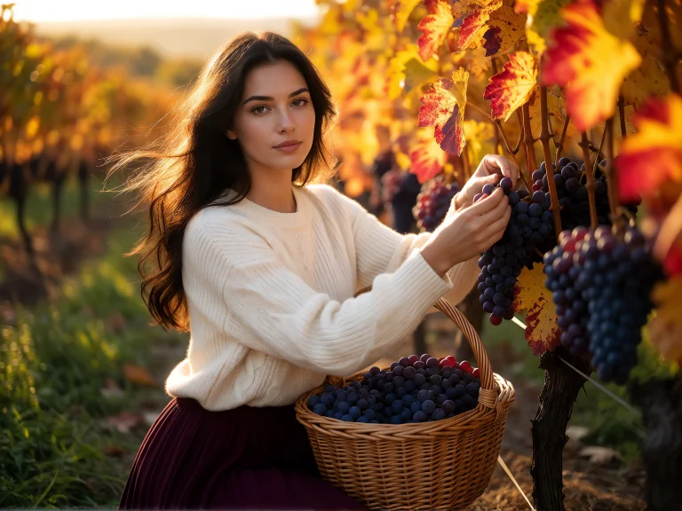 Woman In White Sweater Harvesting Grapes In Vineyard Autumn...