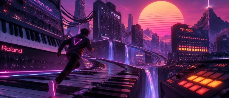 Synth-wave Cyberpunk Hero Running Through A Landscape Made O...