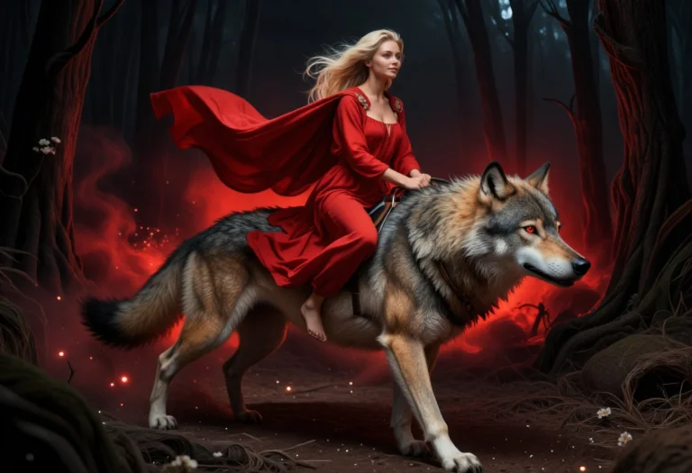 A Blonde Woman In Red Robe, Cape With Baroque Texture Rides...