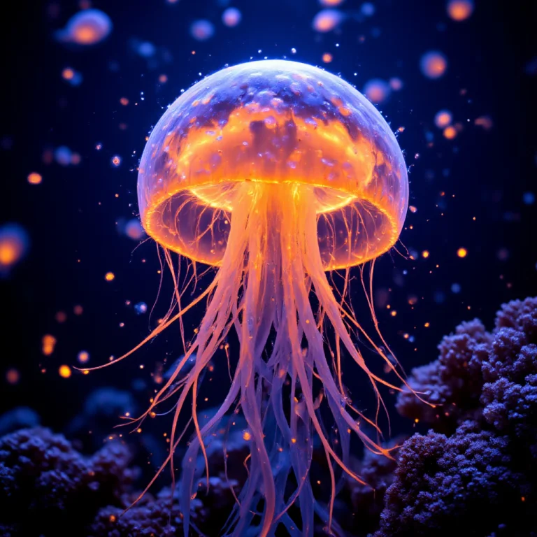 Fiery Glowing Jellyfish Deep Sea Orange Tentacles Flowing Un...
