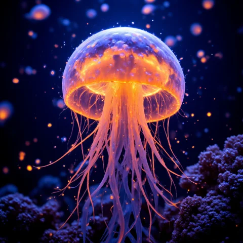 Fiery Glowing Jellyfish Deep Sea Orange Tentacles Flowing Un... — FLUX AI Prompt: fiery glowing jellyfish deep sea orange tentacles flowing underwater ocean marin...