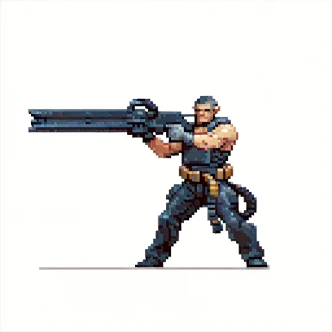 Hydmach,machine Gun, Ammo Belt Heavy Weapon,action Pose,, Pi... — Stable Diffusion AI Prompt: HydMach,machine gun, ammo belt heavy weapon,action pose,, pixpix, 8-bit, pixel_a...