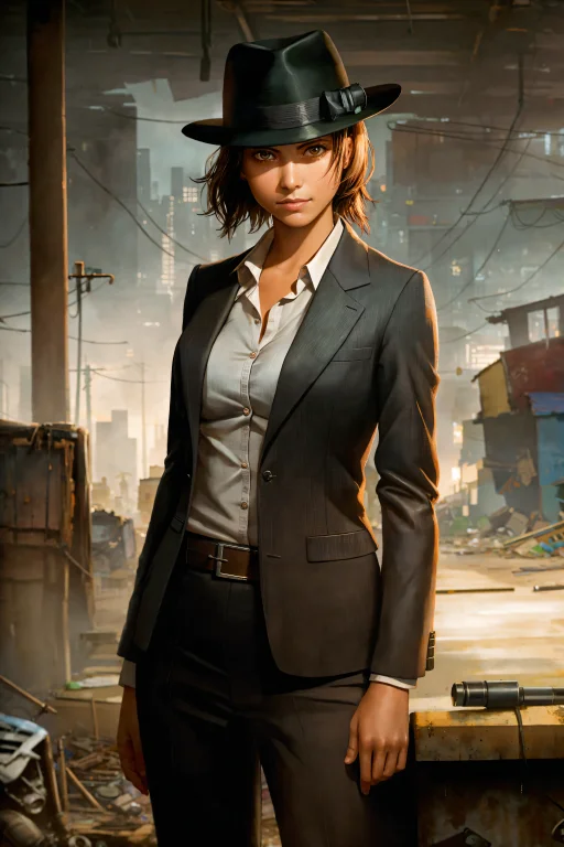 1girl, Noir Detective1.2, Tan Skin, Fancy Suit1.1, Fedora, S...