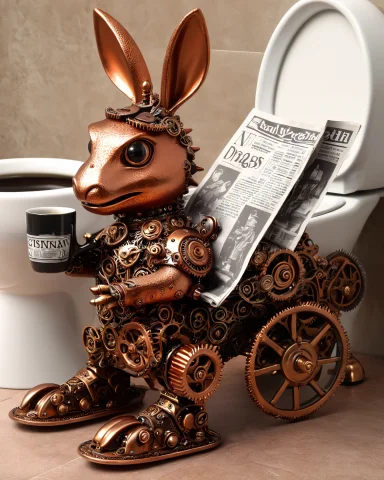 A Clockwork Dragon Made Of Copper Gears, Sitting On A Toilet... — SDXL AI Prompt: a clockwork dragon made of copper gears, sitting on a toilet, (reading a newspap...
