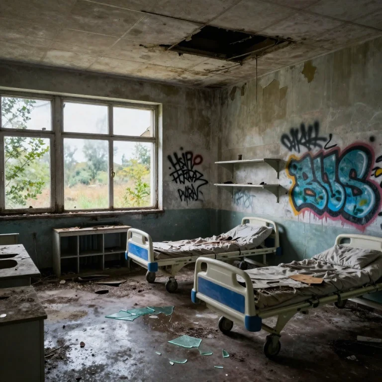 Abandoned Hospital, Graffiti On Walls, Dirty Empty Shelves,...