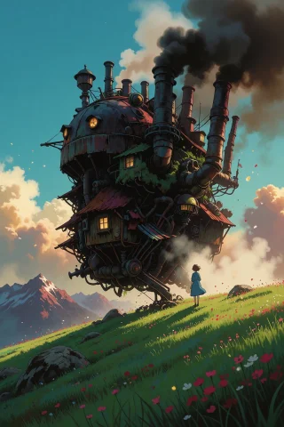 Studio Ghibli Style, Hayao Miyazaki Masterpiece, A Detailed... — Stable Diffusion AI Prompt: Studio Ghibli style, Hayao Miyazaki masterpiece, a detailed wide shot of Howl's...