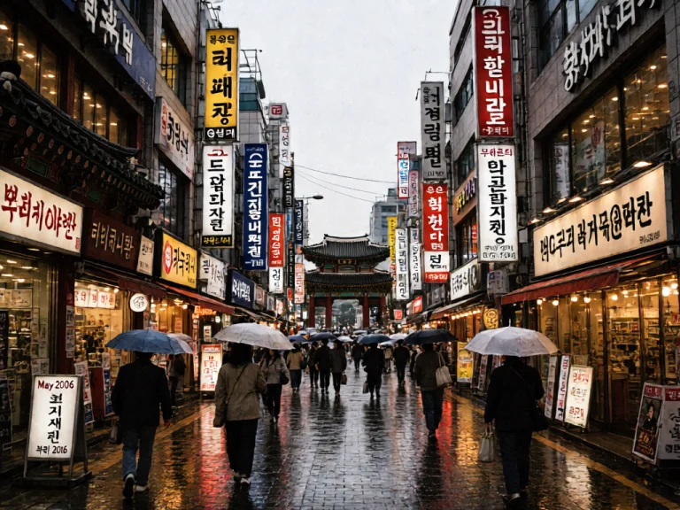 A Bustling Shopping Street In Seoul, South Korea, Captured I...