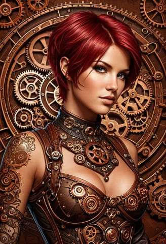 Blueprint Illustration, Steampunk Girl, Bronze Coloring, Sho... — SDXL AI Prompt: Blueprint Illustration, steampunk girl, bronze coloring, short hair, crimson hai...