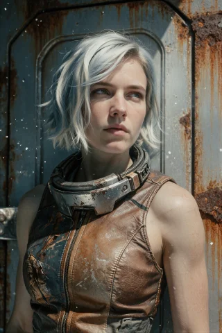 A Gritty Portrait Of A Woman With Fair Skin And Short Choppy... — Stable Diffusion AI Prompt: A gritty portrait of a woman with fair skin and short choppy silver-dyed hair, w...