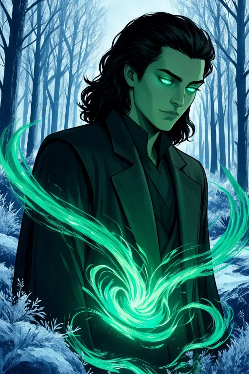 Loki Conjuring Illusions In A Frost-covered Forest, Emerald...