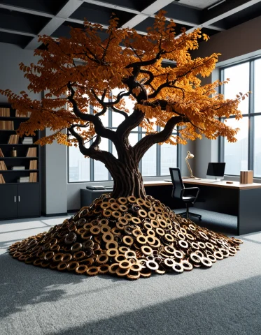4. Gearstyle, A Majestic Cherry Tree Growing From The Center... — SDXL AI Prompt: 4. gearstyle, a majestic cherry tree growing from the center of an abandoned off...
