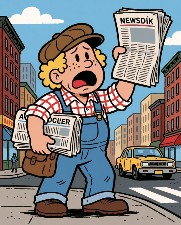 Folk Comic Illustration A Newspaper Seller At A Street Corne...