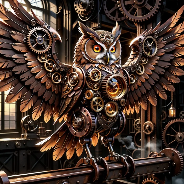 A Majestic Biomechanical Owl Perched On A Rusted Iron Beam,...