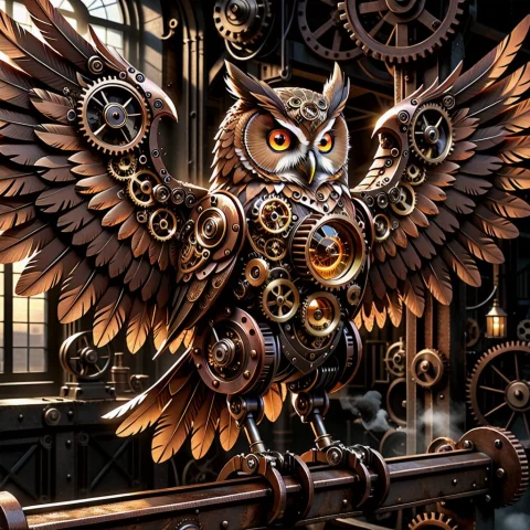 A Majestic Biomechanical Owl Perched On A Rusted Iron Beam,... — SDXL AI Prompt: A majestic biomechanical owl perched on a rusted iron beam, wings crafted from s...