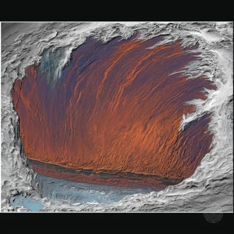 Geological Cross-section Of Enceladus Ice-shell Tectonic Fra... — SDXL AI Prompt: geological cross-section of Enceladus ice-shell tectonic fractures, glowing geot...