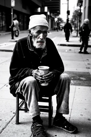 Black And White High-resolution Street Photograph Of An Elde... — Stable Diffusion AI Prompt: Black and white high-resolution street photograph of an elderly homeless man wit...