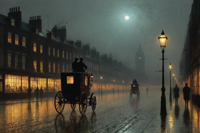 John Atkinson Grimshaw Style, Rainy Night Boulevard With A P...