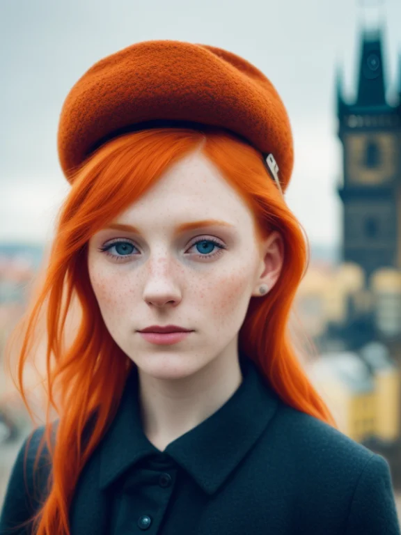 A Close Up Portrait Of A Ginger, Prague In The Background, S...