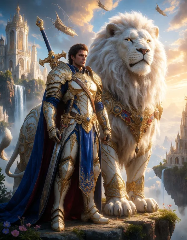 A Supreme Fantasy Hero Standing With A Colossal Celestial Li...